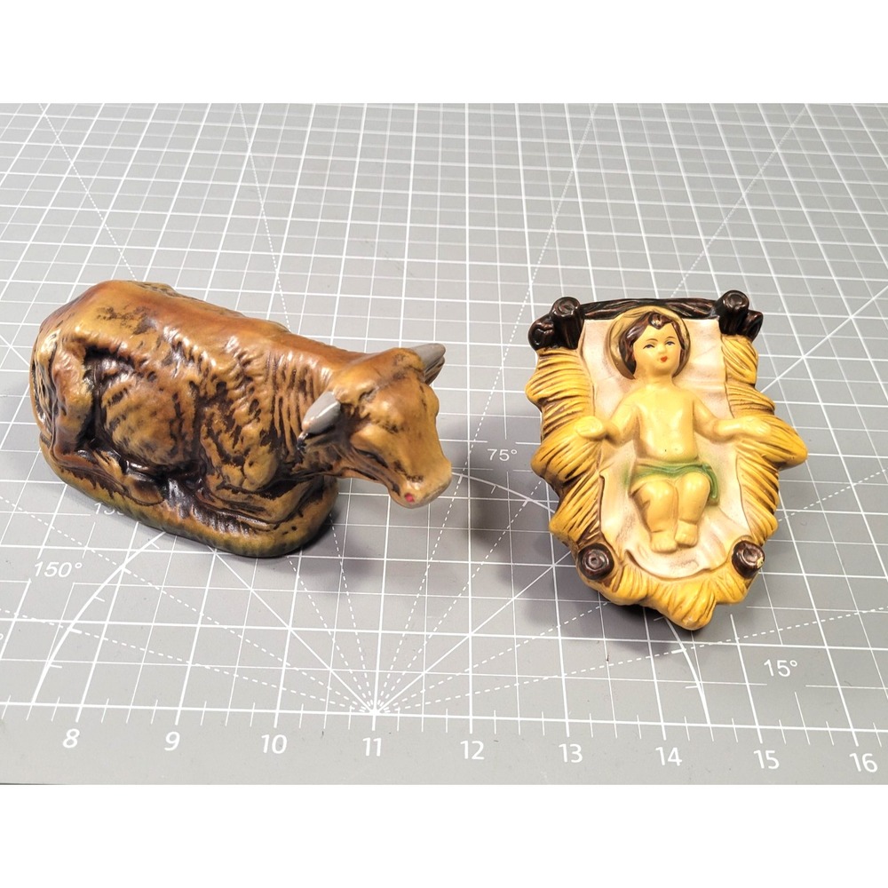 Vintage Nativity Set Japan Baby Jesus Manger Ox Figurines Hand Painted